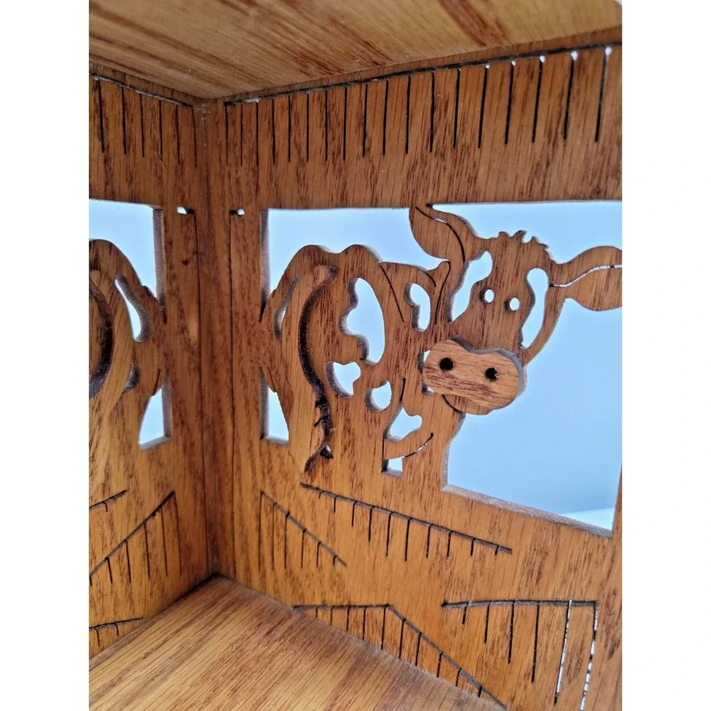 Vintage Hand Carved Wooden Small Barn Corner Shelf‎ W/Decorative Cows Rustic